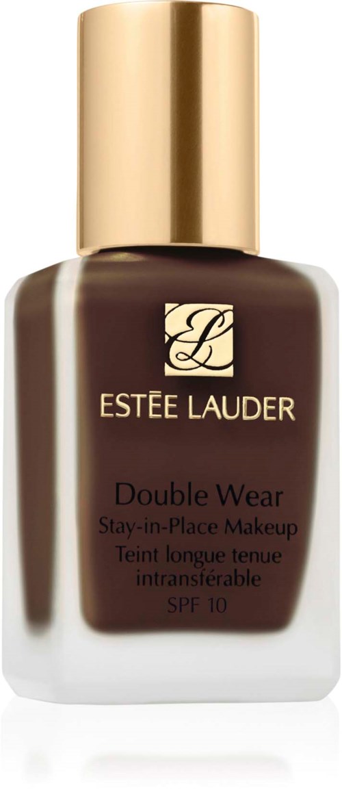 A bottle of Estée Lauder Double Wear foundation with a gold cap and dark brown liquid inside.