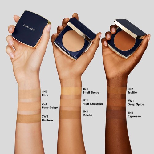 Three arms show different shades of foundation swatches over skin, labeled with number codes and names like Ecru and Espresso.