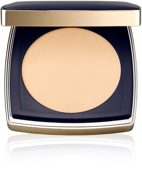 A compact, square makeup powder case with a beige powder inside, black interior, and a gold and black lid.