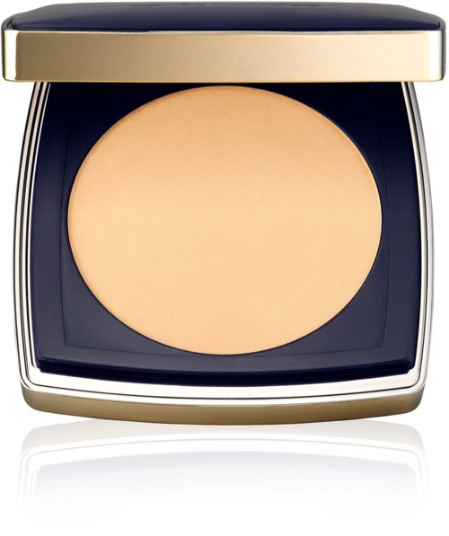 A compact makeup powder in a black and gold case, with a beige pressed powder inside.
