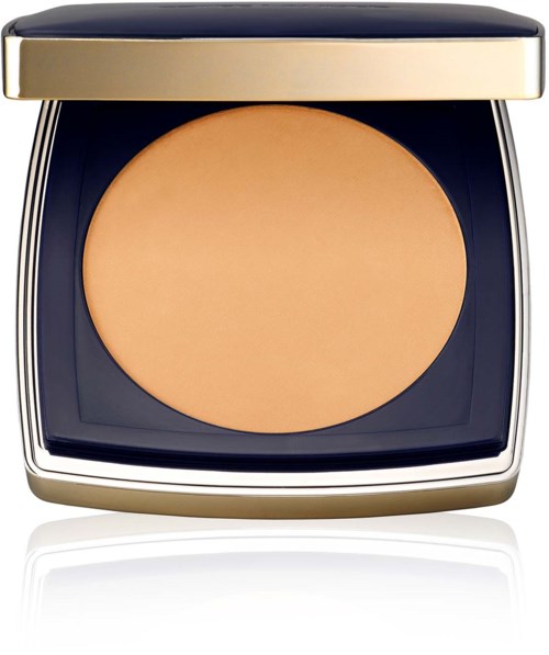 A makeup compact with beige powder inside, in a black and gold case.