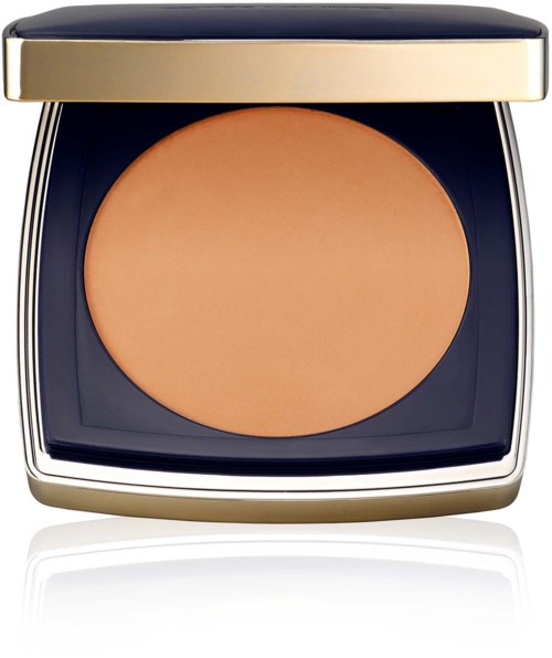 A makeup compact with beige powder inside, gold and black case, and mirror lid.
