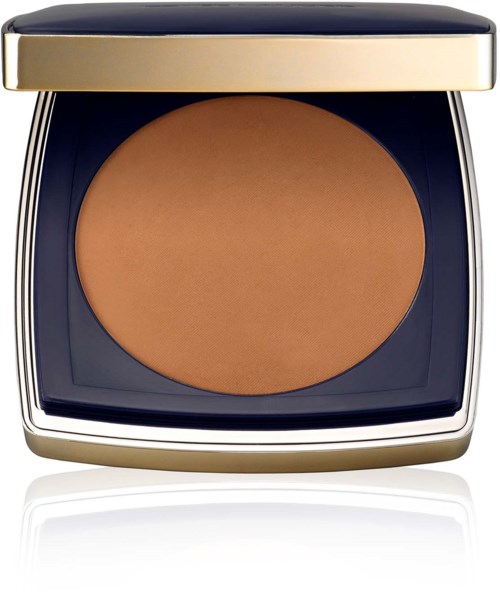 A compact makeup powder container with bronze-colored powder and a sleek, black, and gold case.