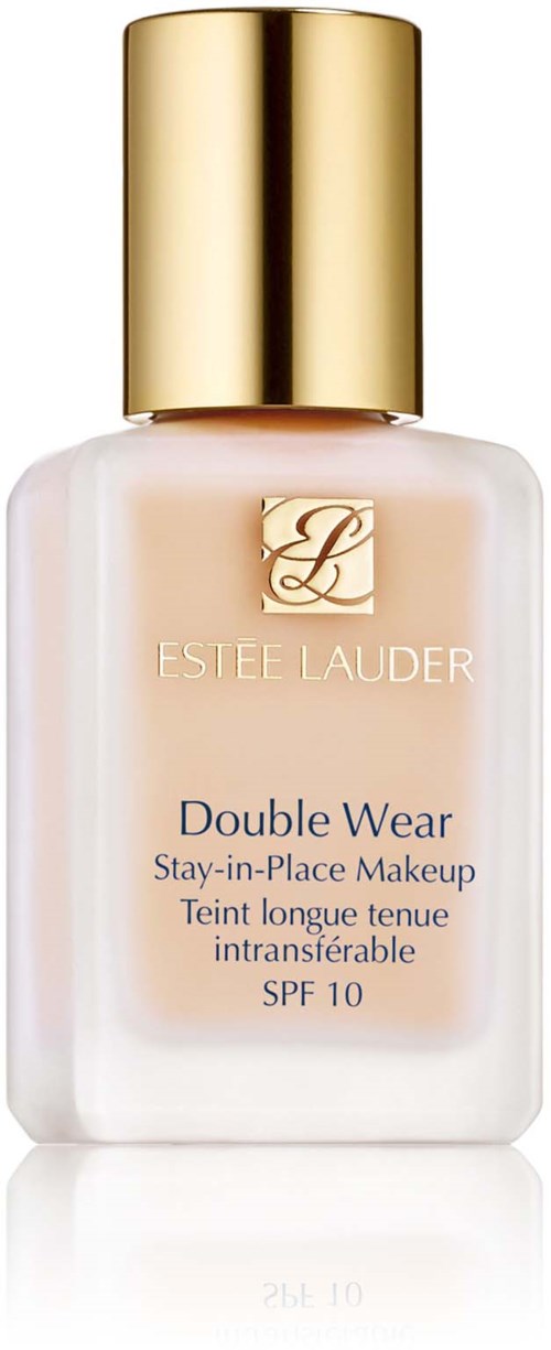 A makeup foundation bottle with a gold cap, labeled 'Estée Lauder Double Wear,' SPF 10, and a light-colored liquid inside.