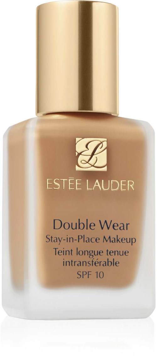 En beige grunnfargeflaske med gullhett, merket Estee Lauder Double Wear.