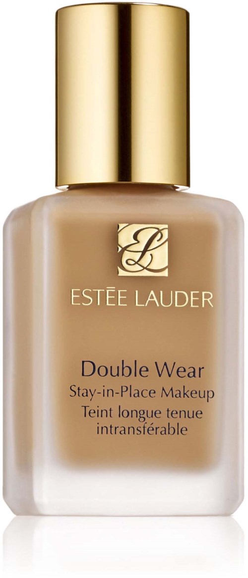 A beige foundation bottle with a gold cap, labeled Estée Lauder Double Wear.