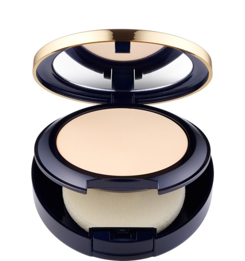 Eine schwarze runde Make-up-Box mit Spiegel und hellfarbenem Puder.