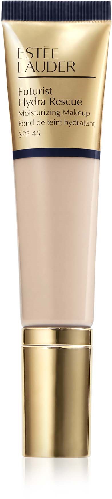 Een tube van Estée Lauder Futurist Hydra Rescue hydraterende make-up, SPF 45, in goud en beige verpakking.