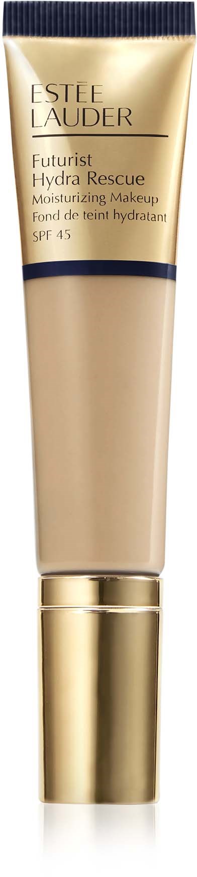 Ein beiger Tube mit Goldkappe, beschriftet als Estee Lauder Futurist Hydra Rescue feuchtigkeitsspendendes Make-up, SPF 45.