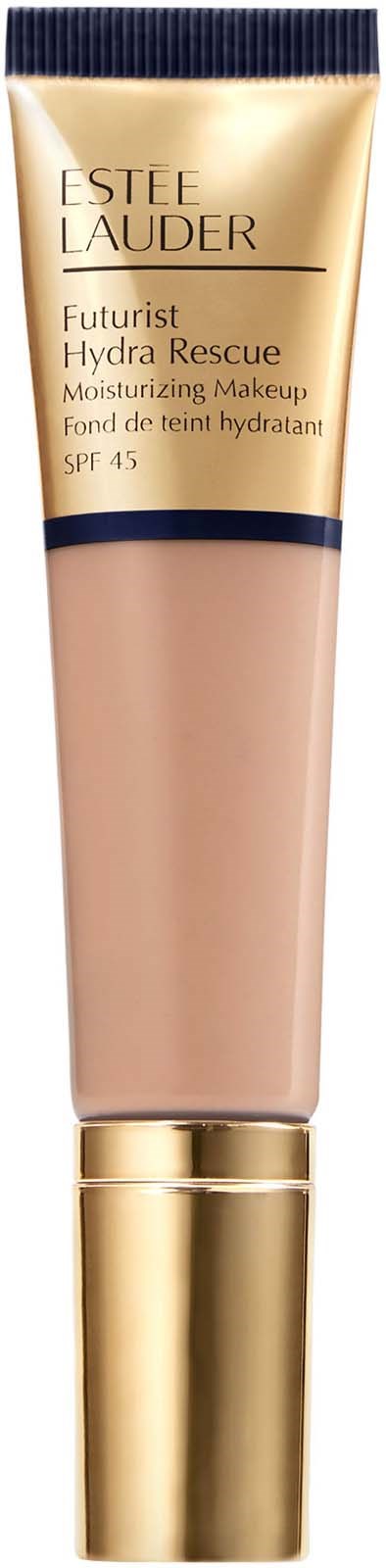 En tub med Estée Lauder Futurist Hydra Rescue fuktighetskräm med SPF 45, guld- och beige förpackning med svarta och guldade detaljer.
