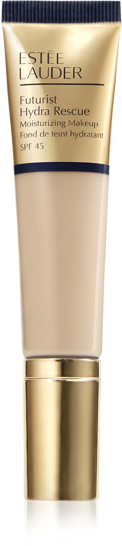 Een crèmetube met goud- en marineblauwe ontwerpen, gemarkeerd Estee Lauder Futurist Hydra Rescue, SPF 45.