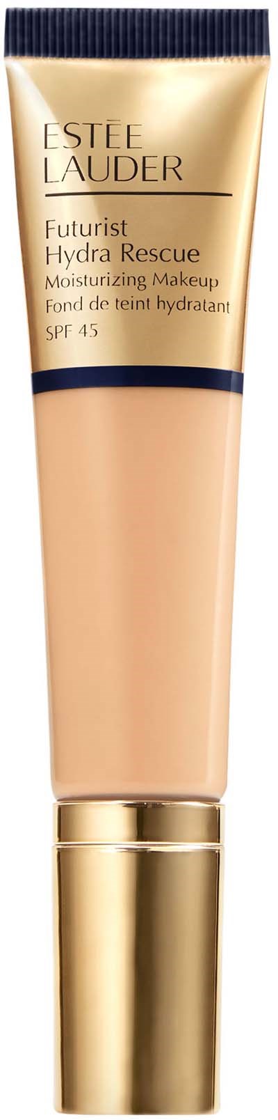 En beige tub av Estée Lauder Futurist Hydra Rescue återfuktare med SPF 45, guldlock och svart band.