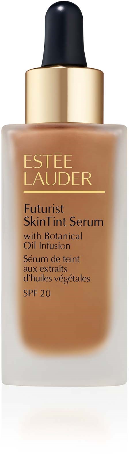 butelka Estee Lauder Futurist SkinTint Serum z pipetą, zawiera beżową ciecz. Złoty i czarny korek.