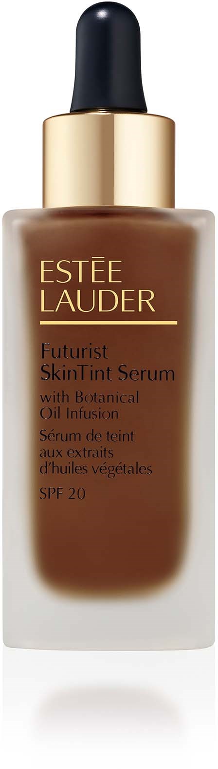 Butelka sera do skóry Estée Lauder z pipetką, oznaczona jako Futurist SkinTint Serum, SPF 20.