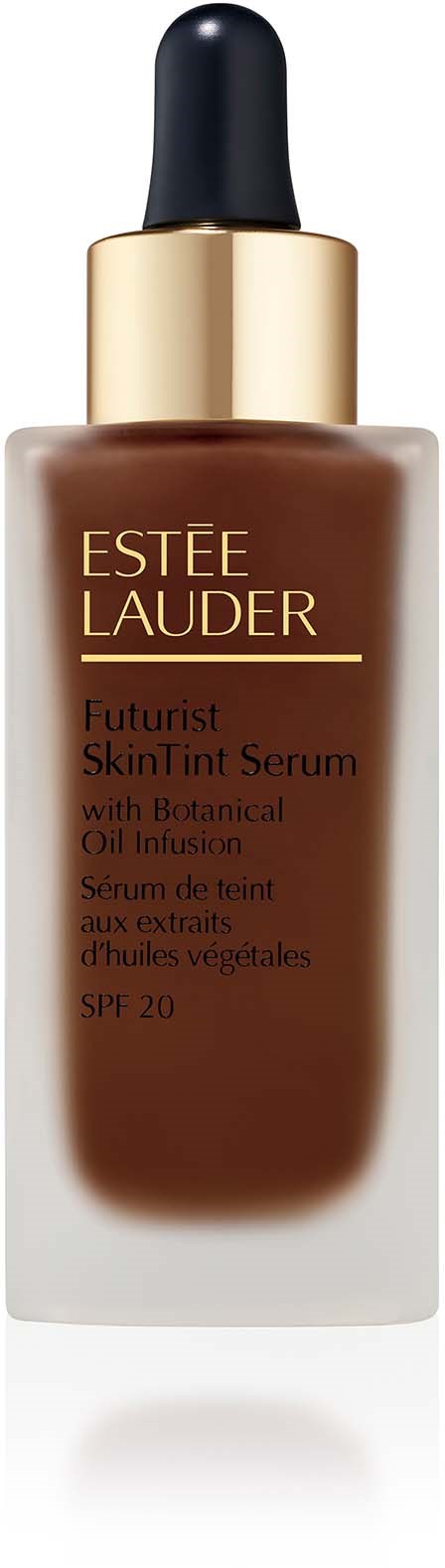 Brązowa butelka serum skóry Estée Lauder z złotym i czarnym korkiem, oznaczona do pielęgnacji skóry z SPF 20.