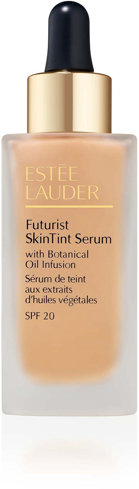 Beżowa butelka serum z czarnym pipetą i złotym capem, oznaczona 'Estée Lauder Futurist SkinTint Serum'.