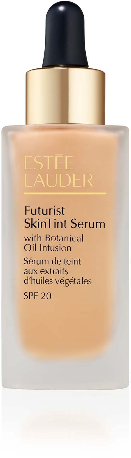 A glass bottle with a dropper, gold cap, containing foundation or serum, labeled Estée Lauder, SPF 20.