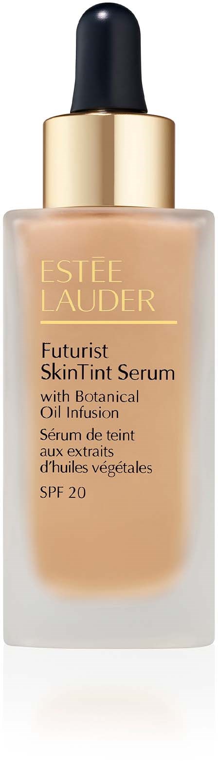 Butelka serum do skóry Estée Lauder z czarną i złotą nakładką, beżowa butelka i pipeta.