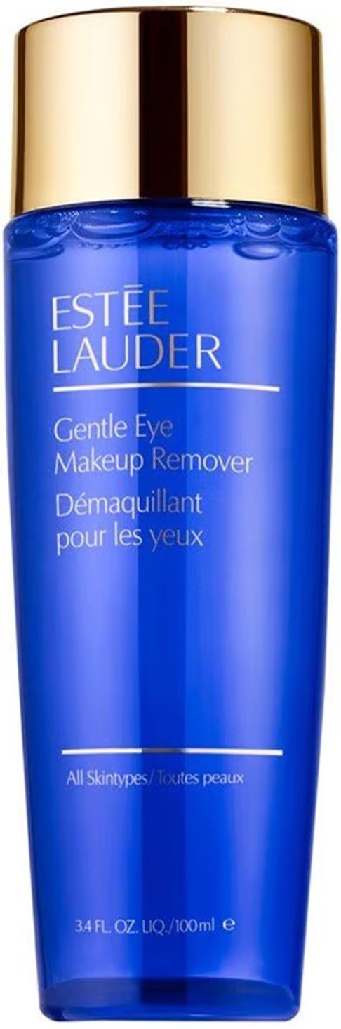 En blå flaska med guldkork innehållande Estee Lauder Gentle Eye Makeup Remover.