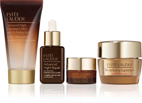 Zestaw produktów do pielęgnacji skóry Estée Lauder, w tym żel do oczyszczania, serum na noc, krem i nawilżacz.