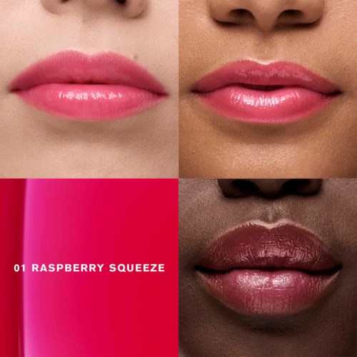 Fire sett lepper med forskjellige nyanser av rosa og lilla, merket "Raspberry Squeeze" på rosa bakgrunn.