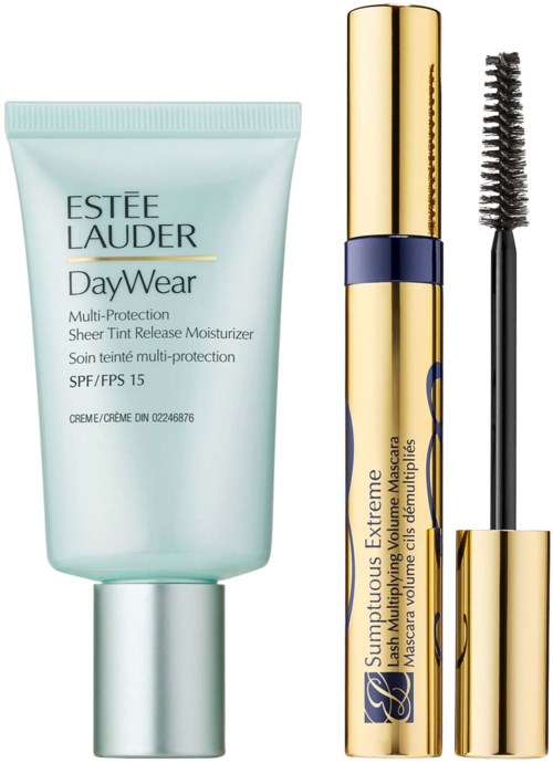 Tuba nawilżacza Estée Lauder DayWear i złota mascara z czarnym szczoteczką.