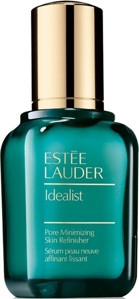 Een groene Estée Lauder-fles met een gouden dop, met label Idealist, een huidserum voor porievulling.