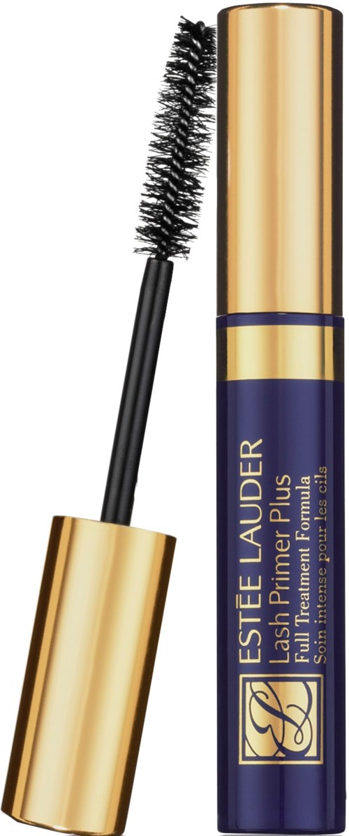 En blå och guld tub med Estée Lauder mascara där borsten delvis förlängd.