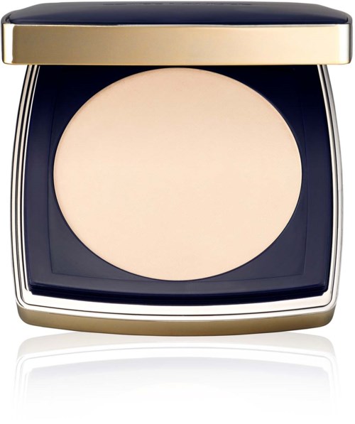 En liten puderpuder med beige puder, guldfärgad lock och mörk navybas, för ansiktsmakeup.
