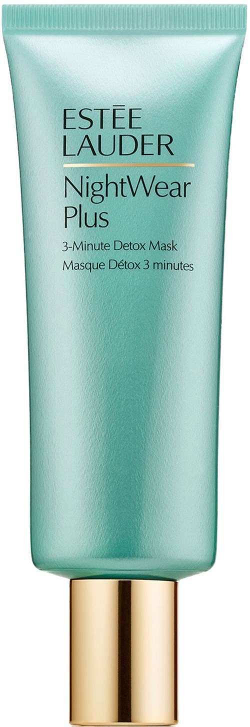 A teal tube of Estée Lauder NightWear Plus 3-Minute Detox Mask with gold cap.