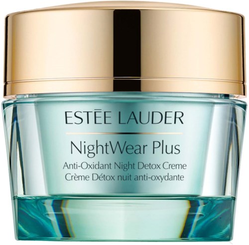 Słoik Estée Lauder NightWear Plus, krem na noc z antyoksydantami, złota nakrętka i niebiesko-zielony pojemnik.