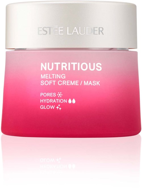 En rosa krukke med Estee Lauder Nutritious Melting Soft Creme/Mask med hvit lokk, for hudpleie, som fremhever porer, hydrering og glød.
