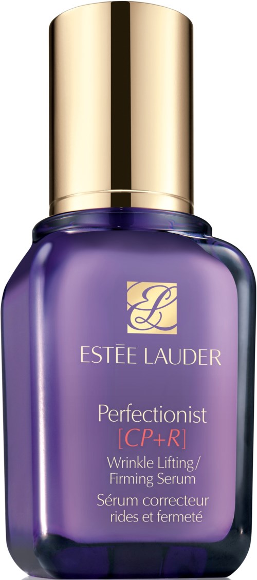 Een paarse fles van Estée Lauder Perfectionist serum met gouden dop, bedoeld voor rimpels en versteviging.