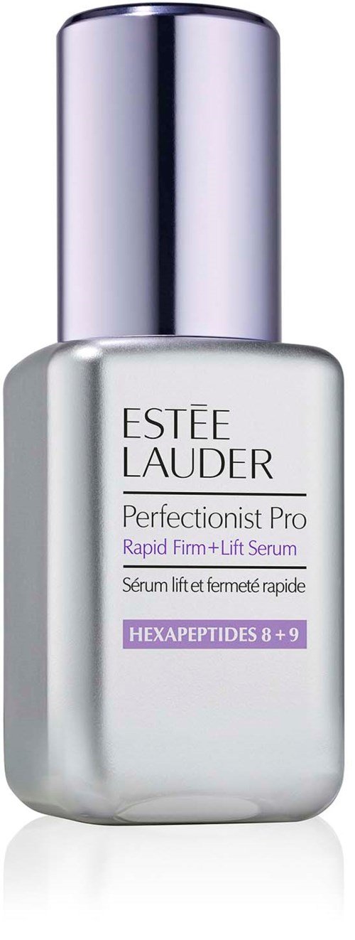 Biała butelka z srebrnym korkiem, oznaczona Estée Lauder Perfectionist Pro Serum z fioletowym tekstem.