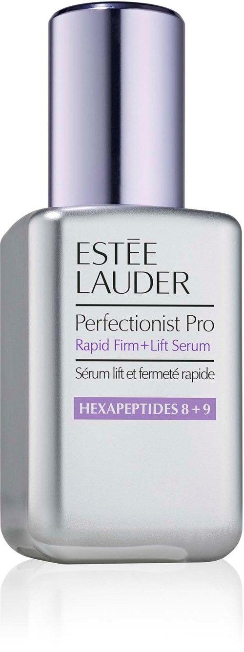 En silverflaska av Estée Lauder Perfectionist Pro-serum, med lila och svart text på etiketten.