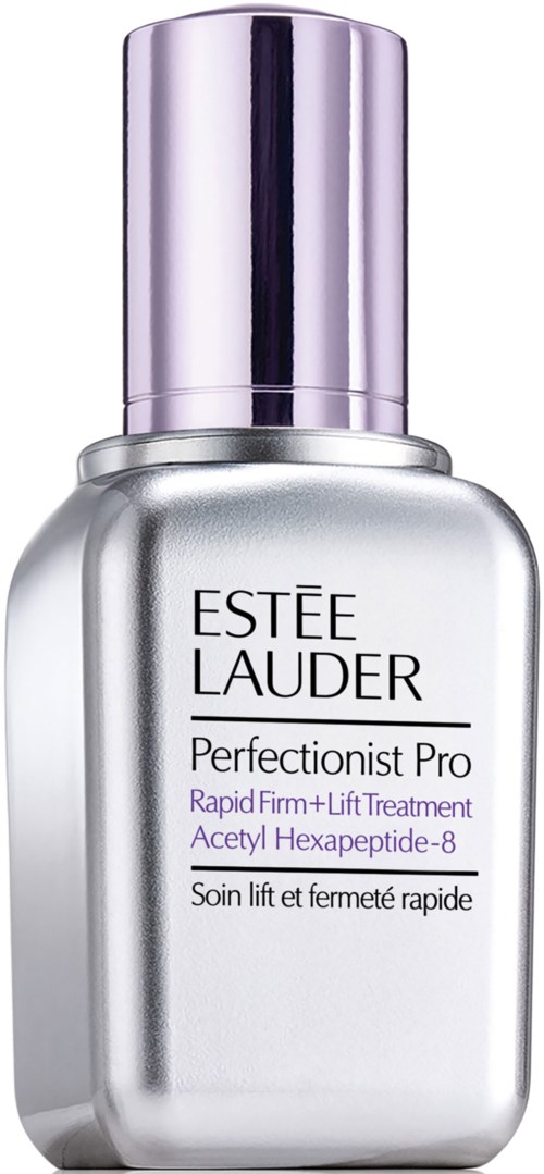 En silver kosmetikflaska med en lila kork, märkt 'Estée Lauder Perfectionist Pro' för huden lyft och fasthet.