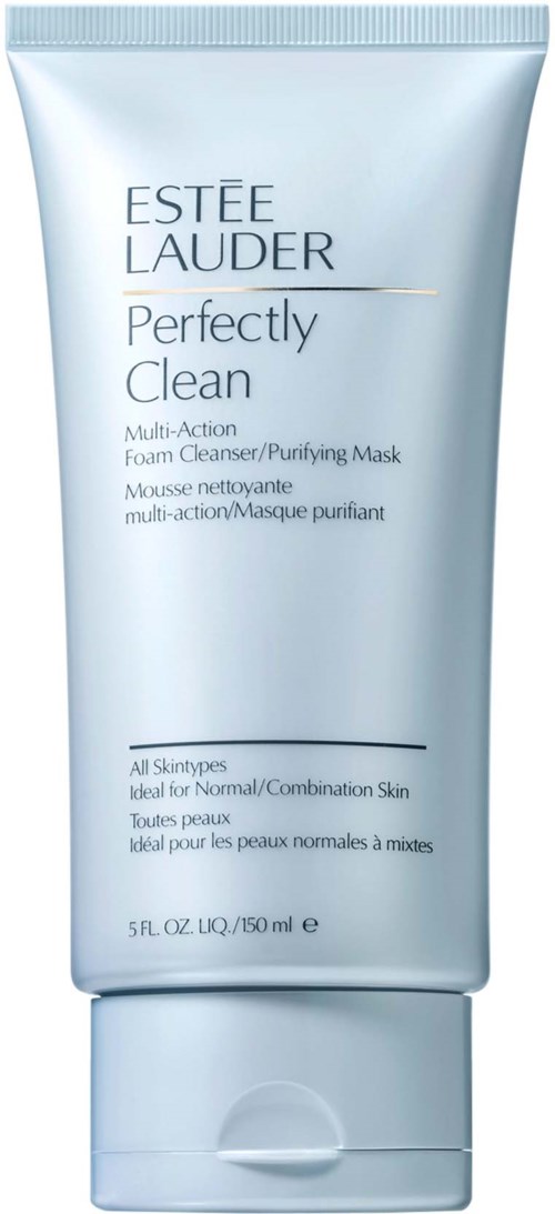 Vaaleansininen putki, jossa lukee 'ESTÉE LAUDER Perfectly Clean Multi-Action Foam Cleanser, Purifying Mask' normaalille ja sekaiholle.