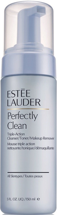 En flaska Estée Lauder Perfectly Clean makeup remover med pump, för alla hudtyper.
