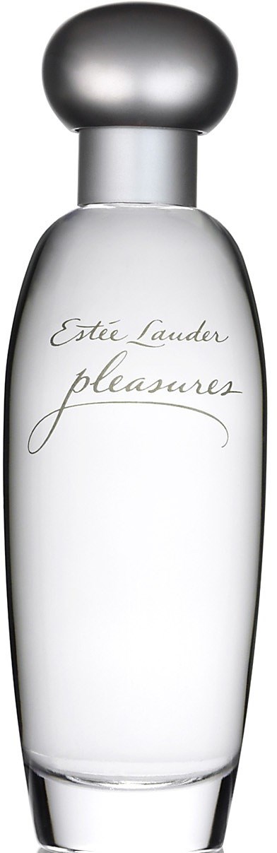 En klar parfymeflaske med sølvhette og elegant skrift som sier 'Estée Lauder pleasures'.