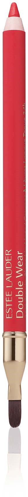 Een rode make-upkwast met een gouden ferrule en zwarte tip, gelabeld 'Estée Lauder Double Wear'.