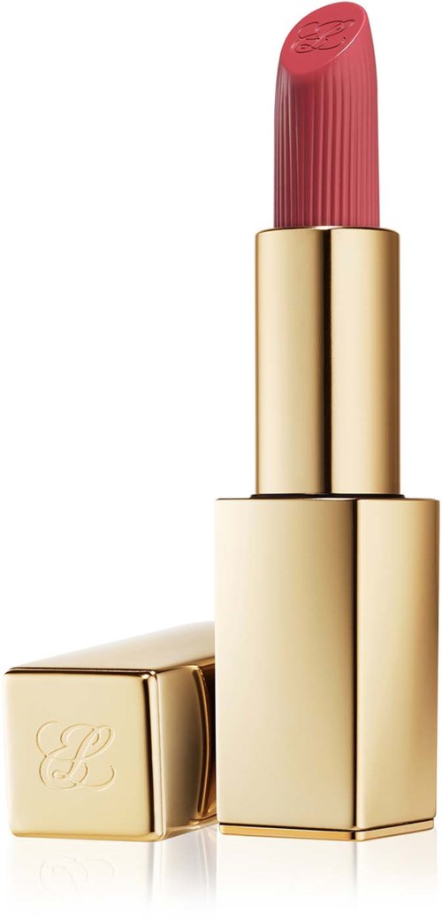 A pink lipstick in a gold case standing upright with the cap nearby.
