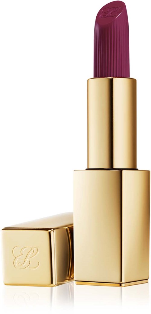 A lipstick with a gold case and dark pink lipstick visible, standing upright with the lid beside it.