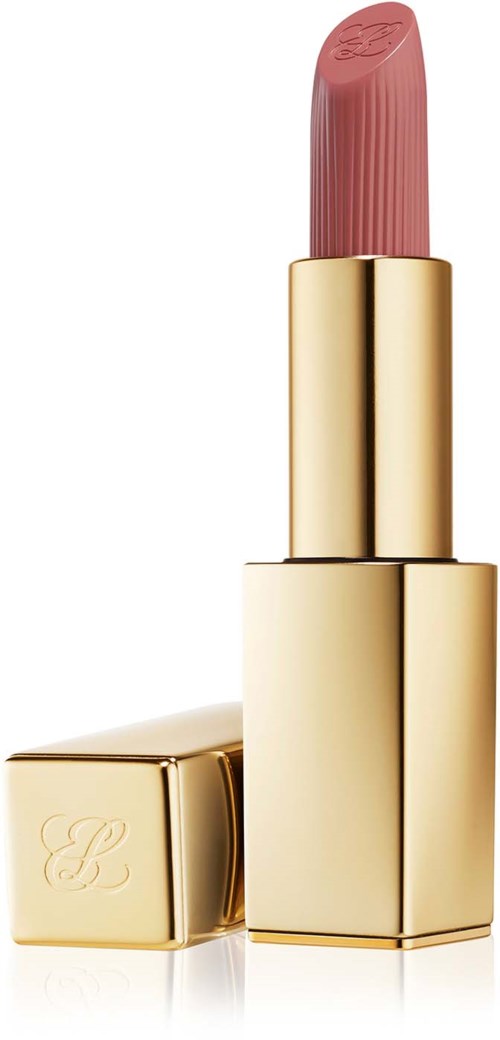 A pink lipstick with a gold case standing upright, with the cap lying beside it.