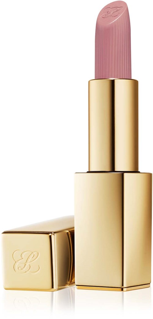 Een roze lippenstift in een goudkleurige huls met deksel ernaast, elegant en glanzend.
