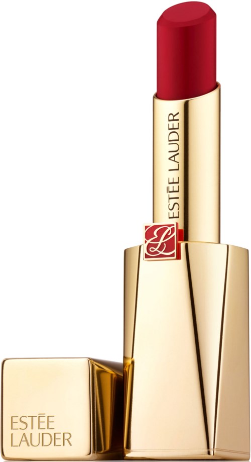 Ett rött läppstift i ett guldskal med Estee Lauder-logga. Läppstiftet är utdraget.