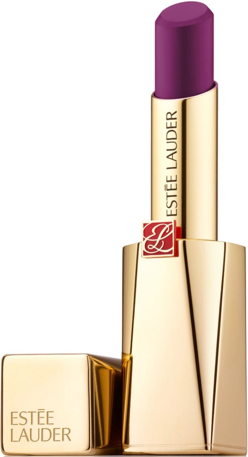 En lila läppstift i ett guldhölje med Estée Lauder-loggan. Läppstiftet är utällt, visar sin färg.