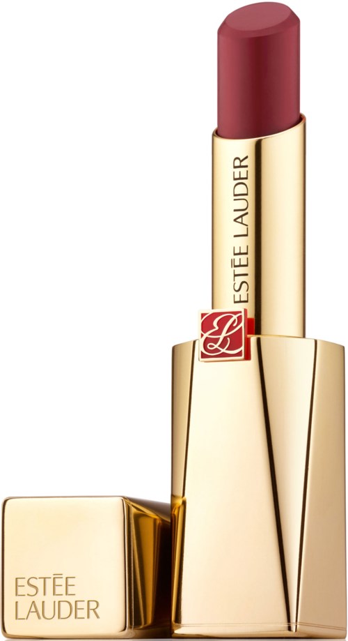 En läppstift i ett guldhölje med märket Estee Lauder och en röd logga. Läppstiftet är ljusrosa.