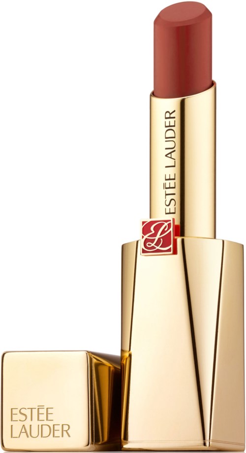 En läppstift med guldfodral och Estée Lauder-märke, i en varm nyans, står upprätt med ytterhölje bredvid.