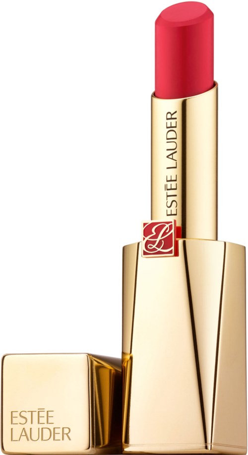 En läppstift i ett guldfack med rött läppstift, märkt Estee Lauder, står upprätt.