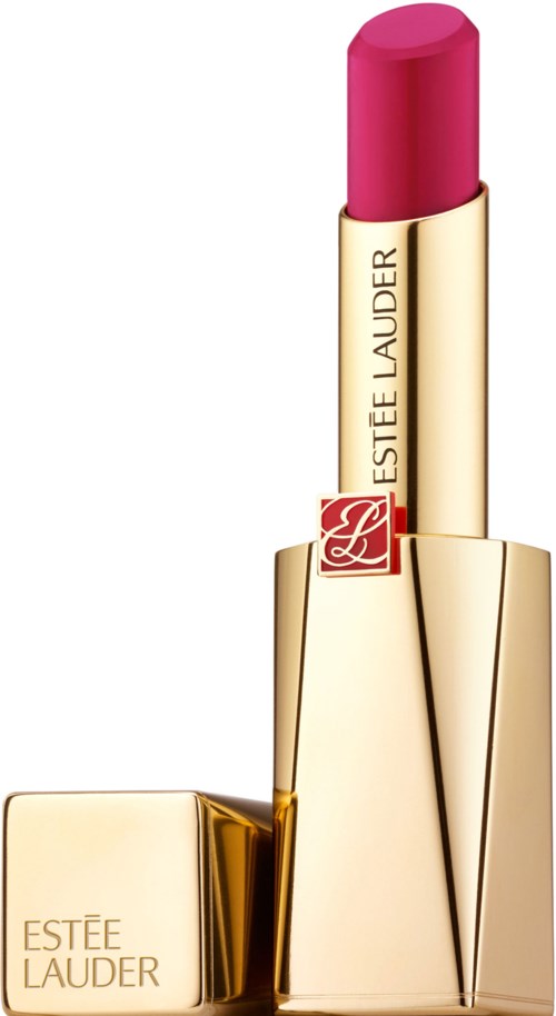Ett rosa läppstift i en guldfärgad tub med ESTÉE LAUDER-tryck, står upprätt bredvid sin box.